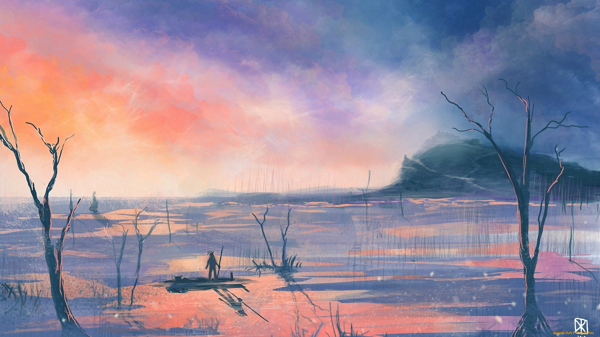 рисованное, живопись, человек, река, пейзаж, деревья