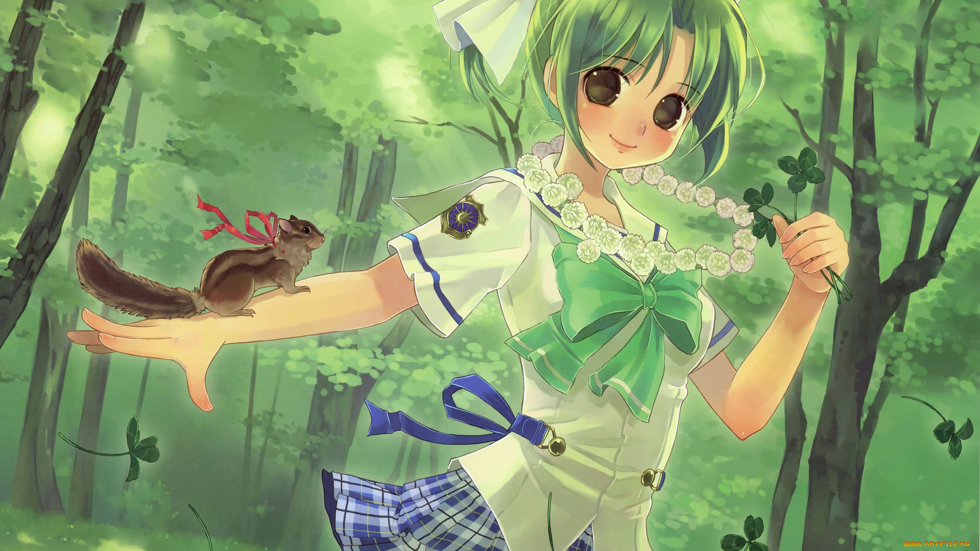 yoake, mae, yori, ruri, iro, na, аниме, девушка, улыбка, лес, белка