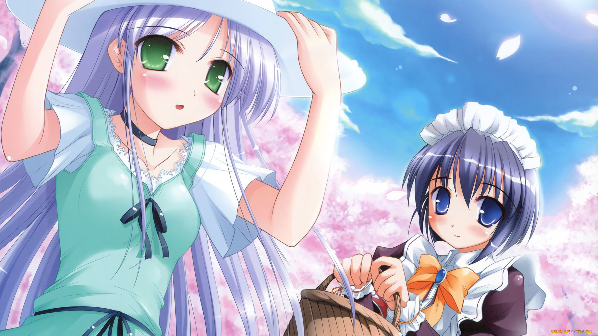 yoake, mae, yori, ruri, iro, na, аниме, корзинка, облака, шляпа, девушки, взгляд