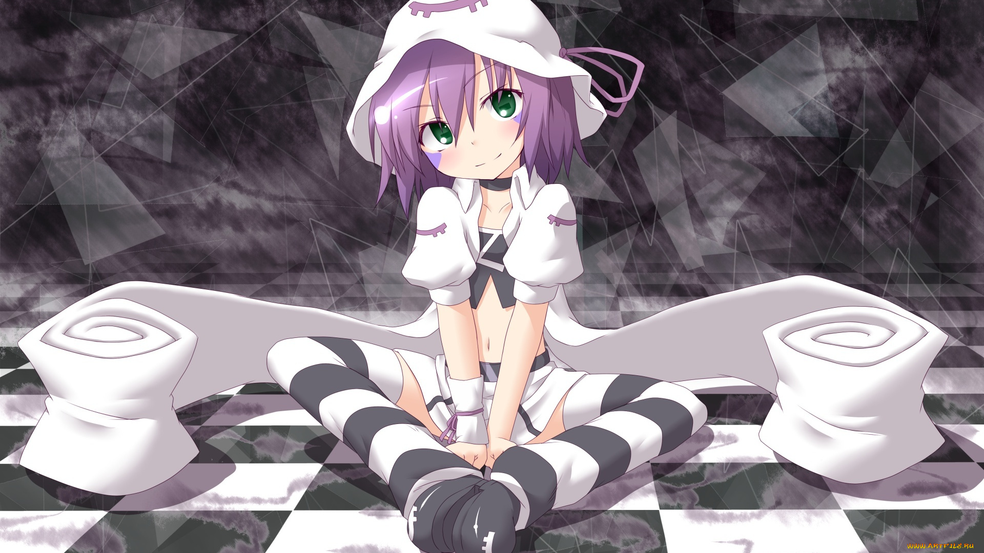 yumekui, merry, аниме, взгляд, девушка, шляпа, татуировка, merry, nightmare, ленты, клетчатый, пол