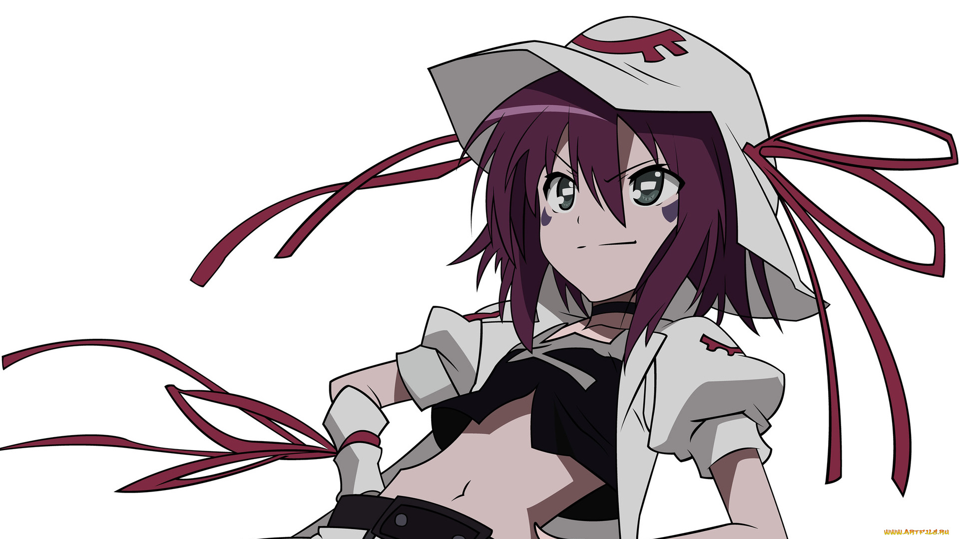 yumekui, merry, аниме, взгляд, фон, шляпа, девушка, татуировка, merry, nightmare, ленты