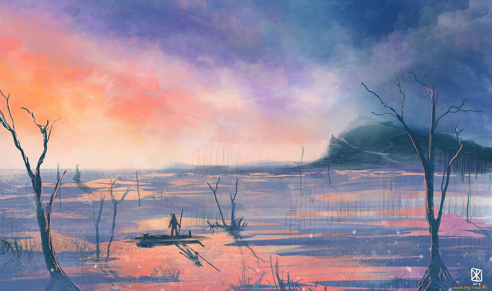 рисованное, живопись, человек, река, пейзаж, деревья