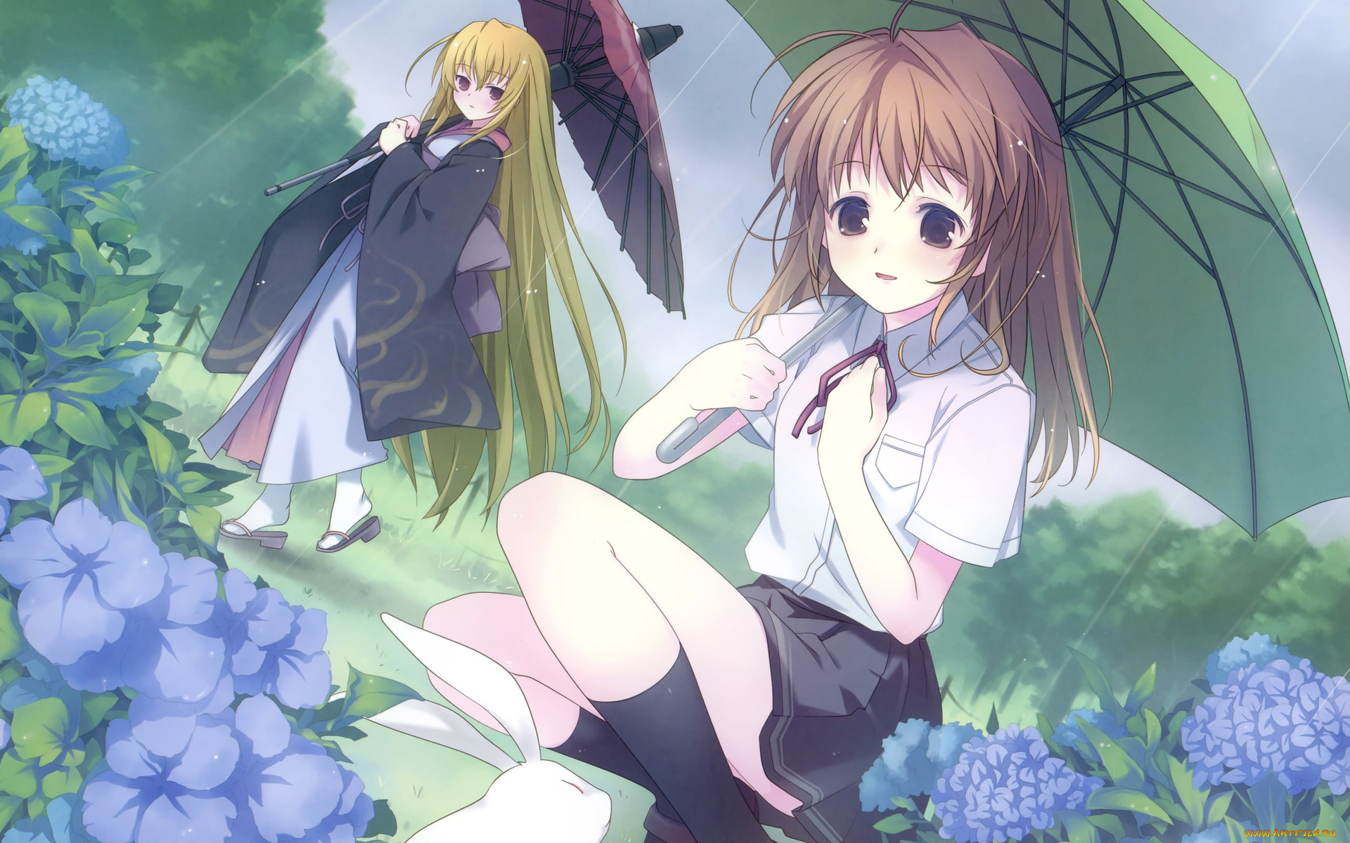 fortune, arterial, аниме, зонтик, цветы, девушки