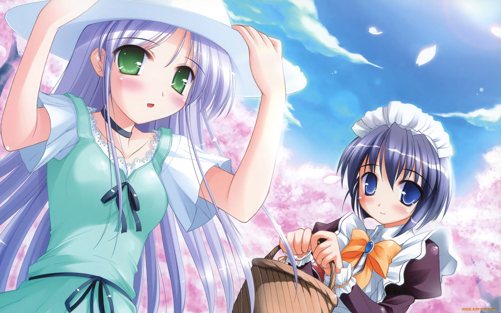 yoake, mae, yori, ruri, iro, na, аниме, корзинка, облака, шляпа, девушки, взгляд