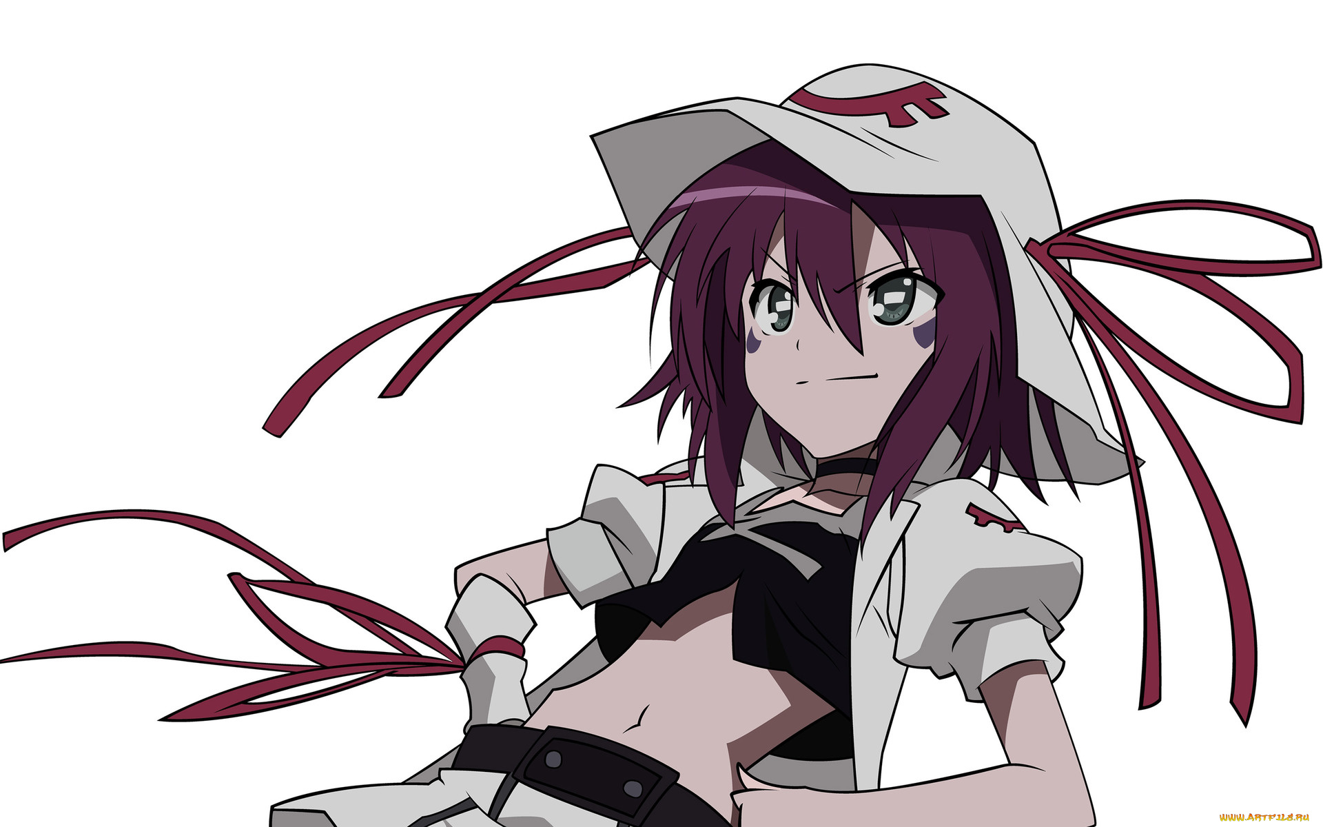 yumekui, merry, аниме, взгляд, фон, шляпа, девушка, татуировка, merry, nightmare, ленты