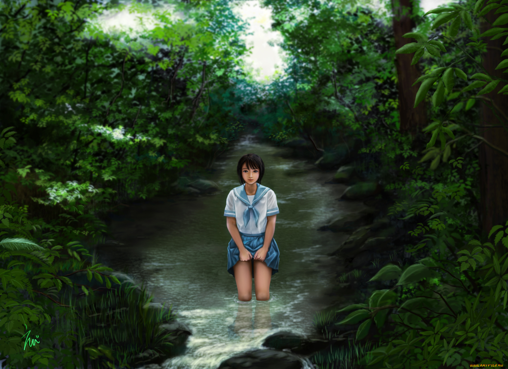 аниме, *unknown, , другое, природа, река, зелень, растения, вода, арт, листья, eeotoko, девушка