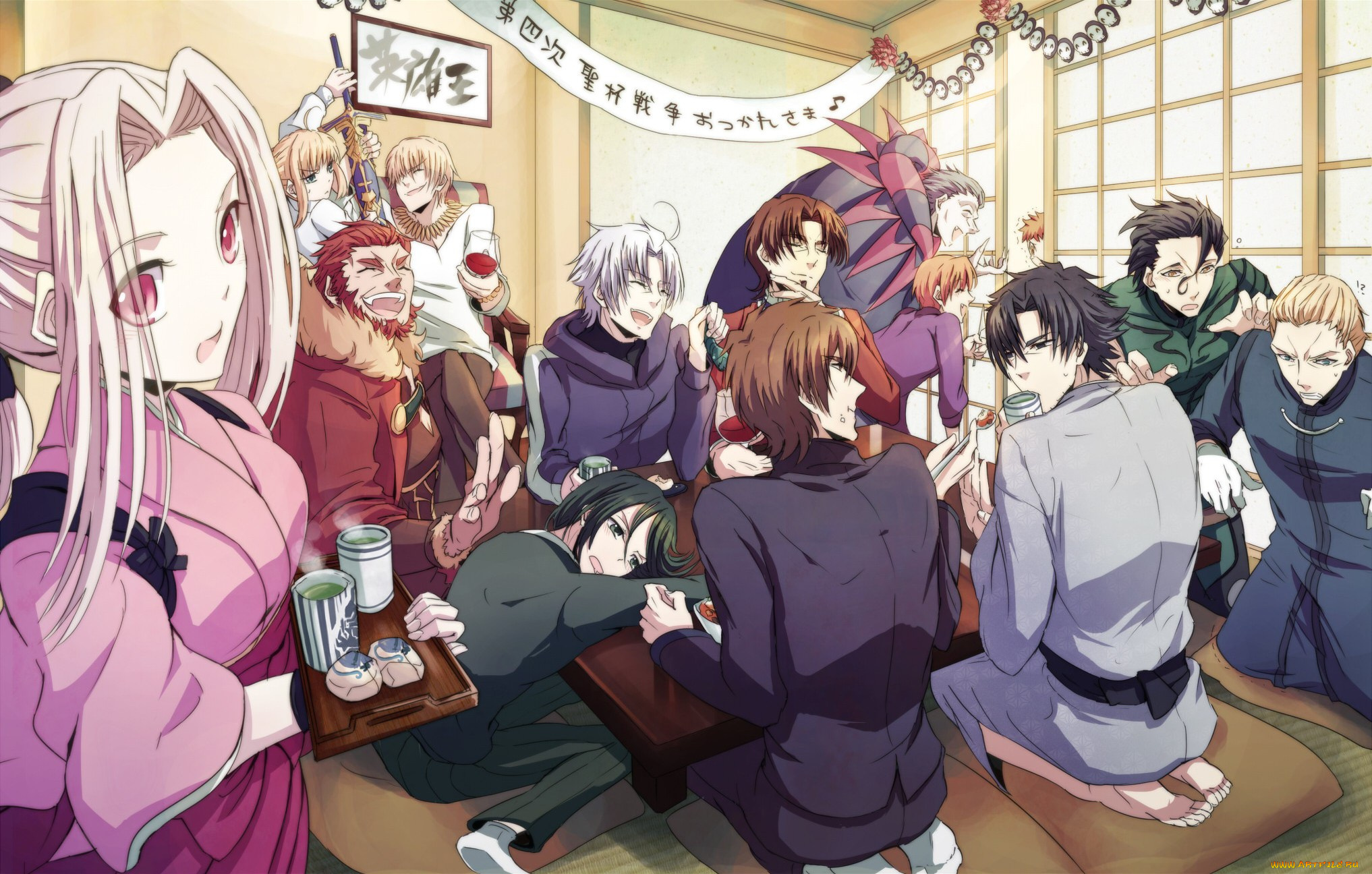 аниме, fate, zero, персонажи, арт, стол, мужчины, девушки