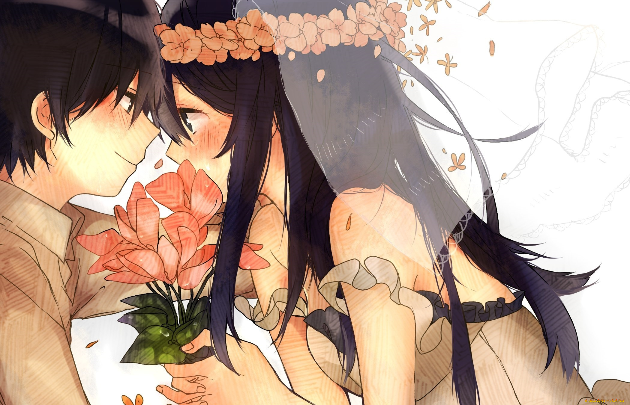 аниме, *unknown, , другое, романтика, арт, букет, парень, девочка, пара