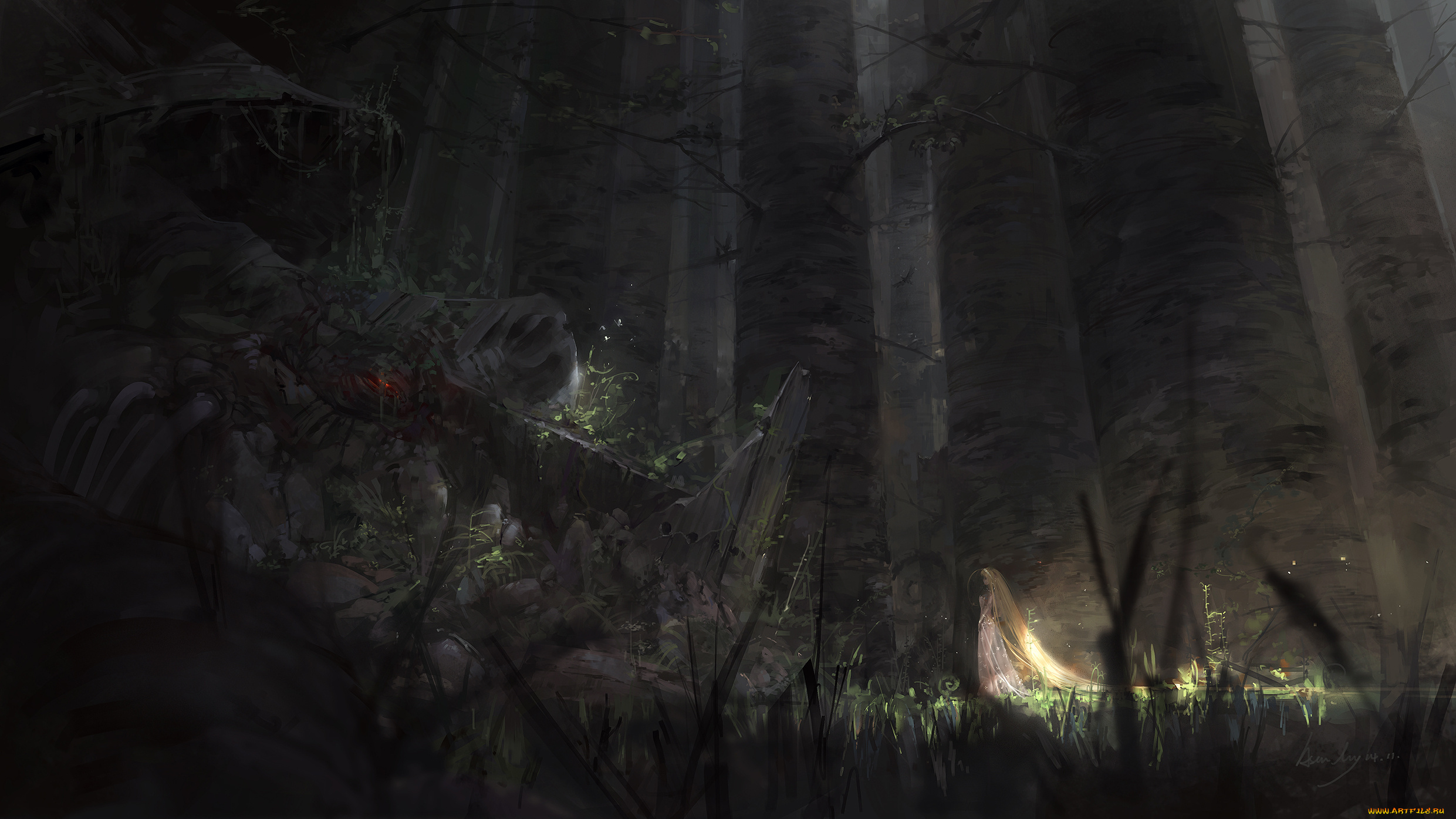 аниме, *unknown, , другое, блондинка, девушка, мрачно, растения, деревья, стволы, лес, арт