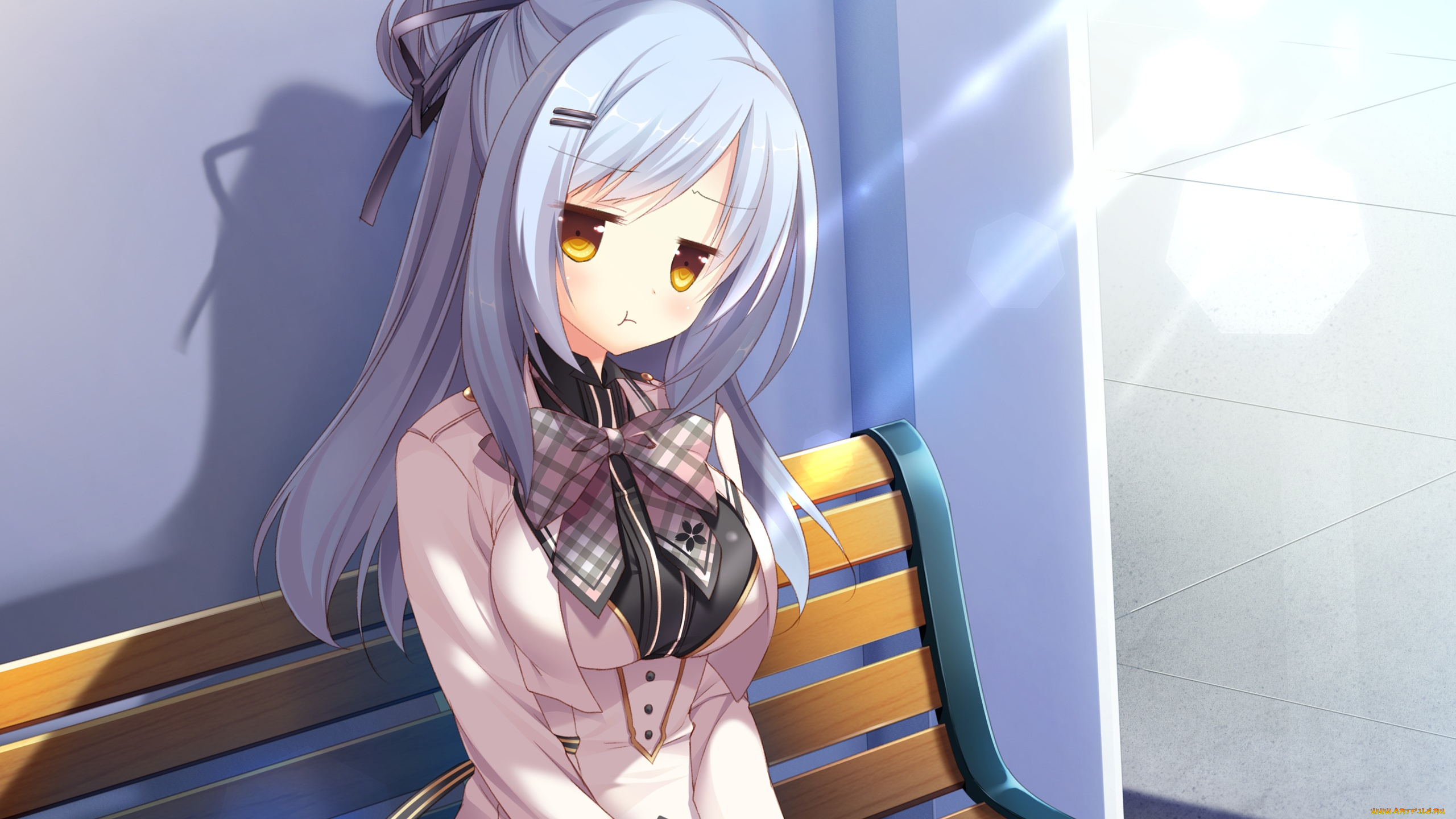 аниме, kimi, no, tonari, de, koishiteru, лучи, солнечные, блики, стена, лавочка, девушка