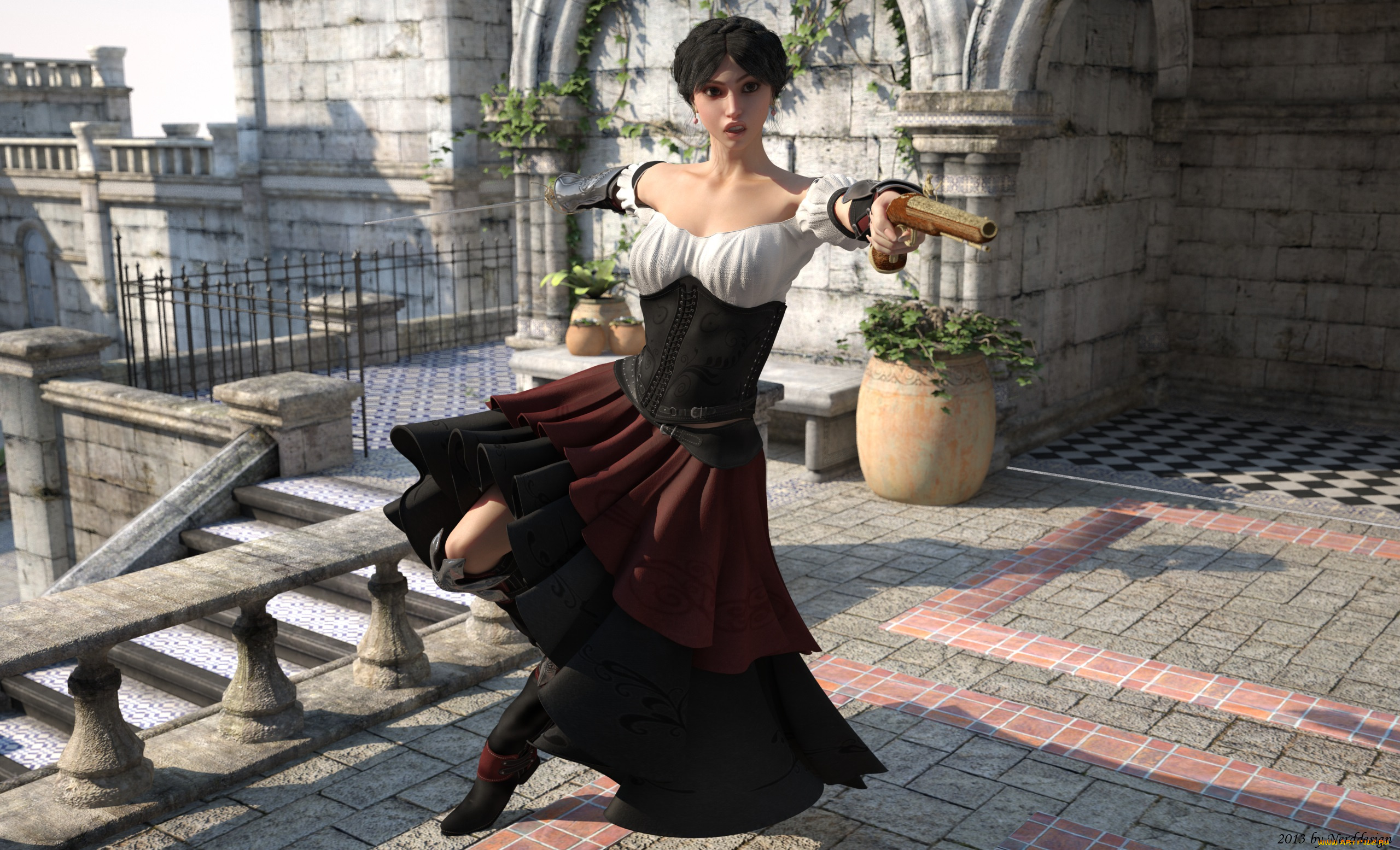 3д, графика, люди, , people, девушка, взгляд, шпага