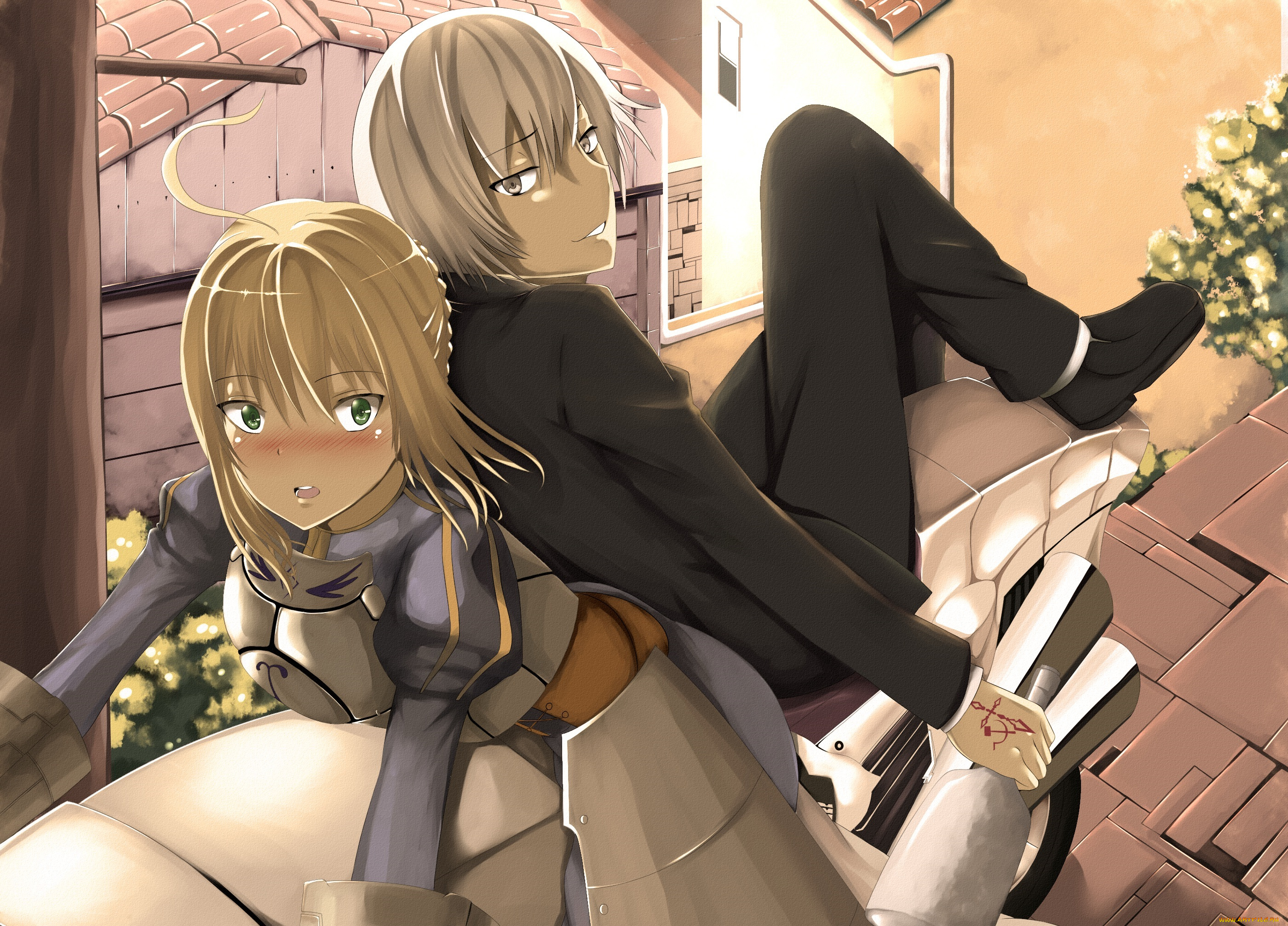 аниме, fate, stay, night, мотоцикл, арт, парень, бутылка, девушка