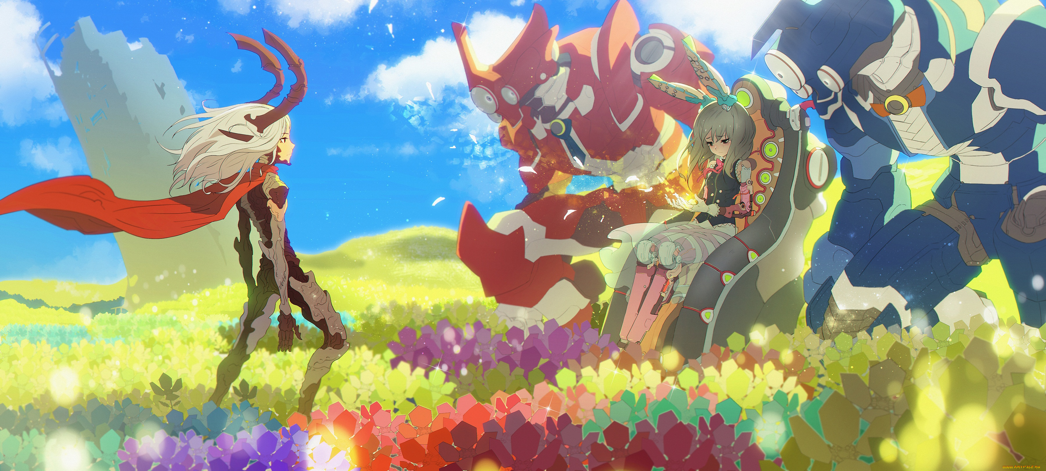 аниме, -weapon, , blood, &, technology, поле, роботы, цветы, растения, девушка, небо, природа, ladic