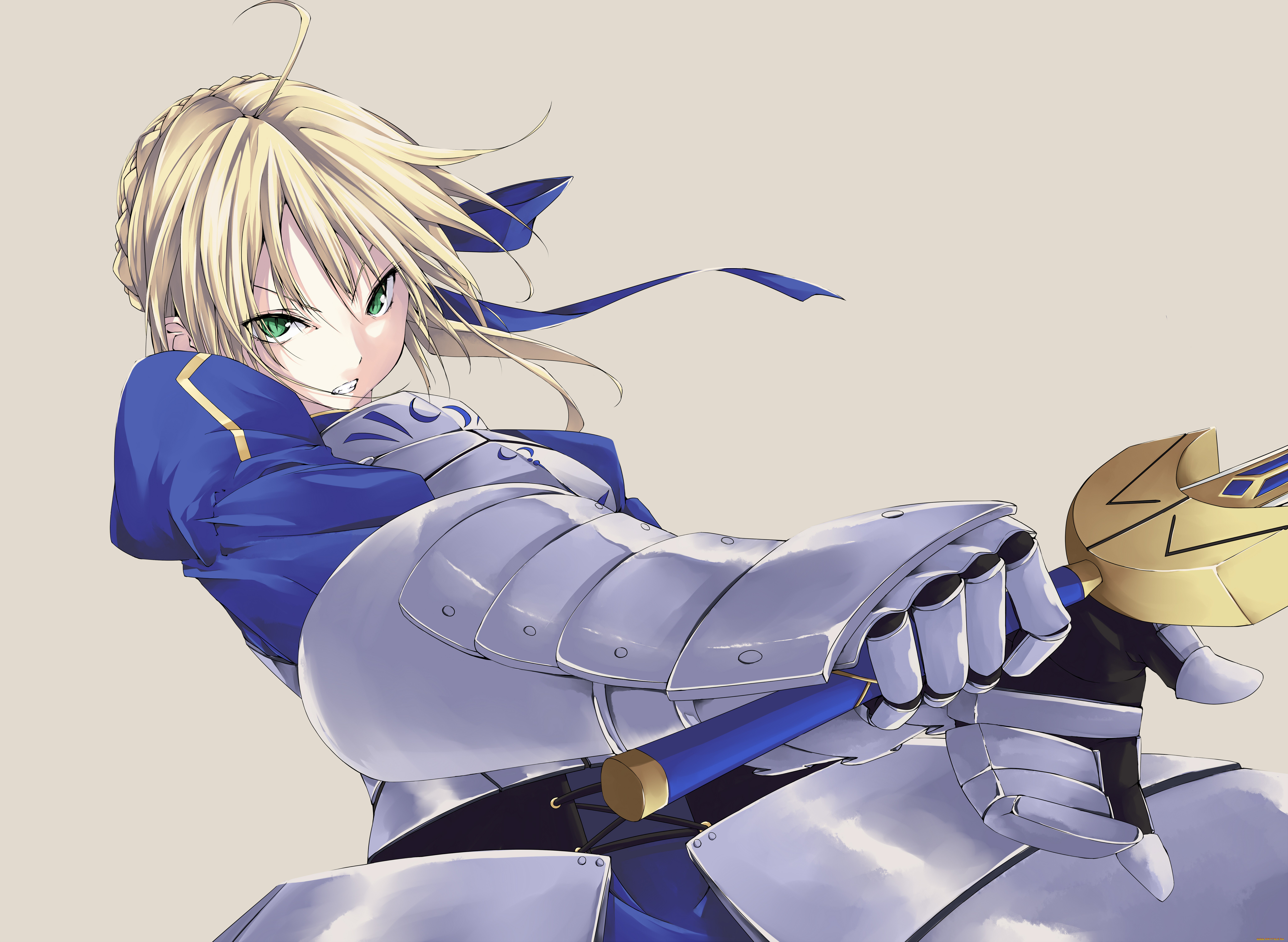 аниме, fate, stay, night, злость, девушка, фон, блондинка, оружие, saber, арт, взгляд