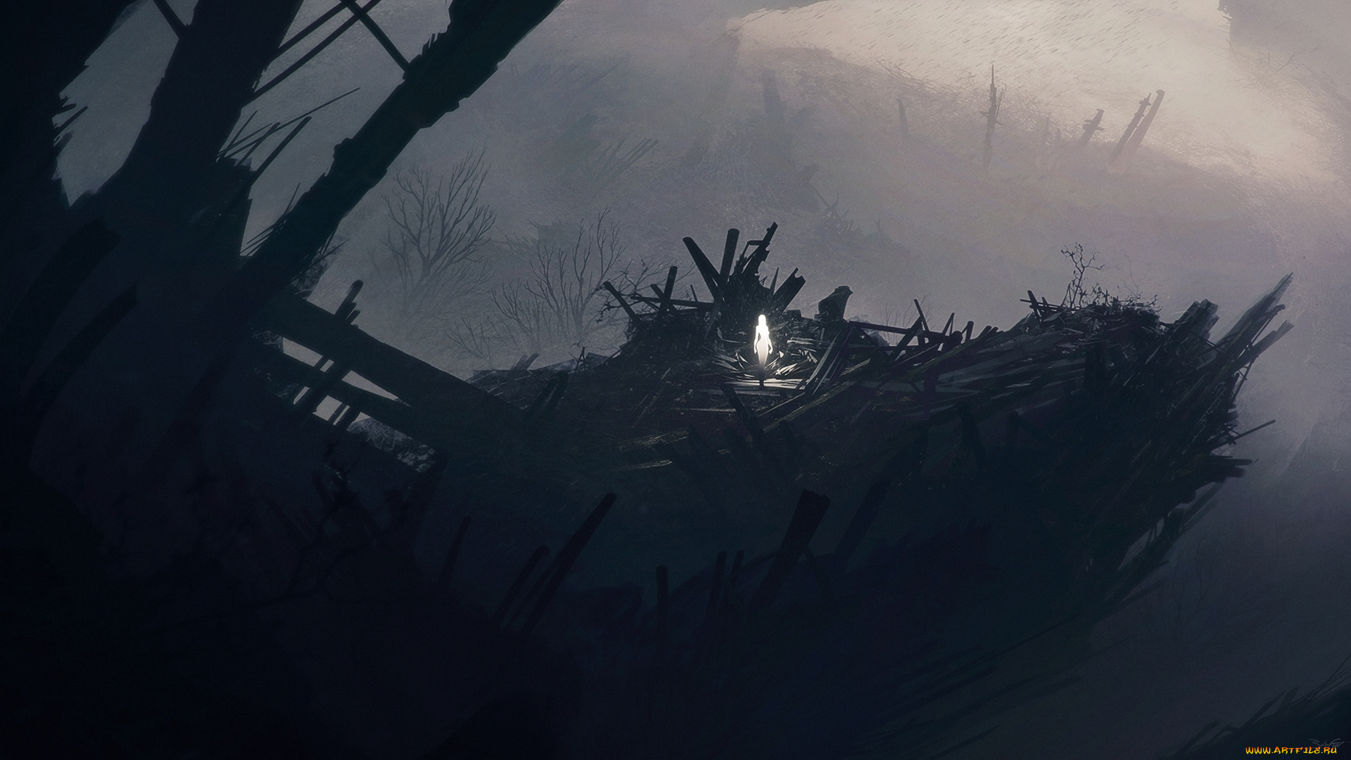 фэнтези, призраки, fantasy, рисунок, арт, art, debris, силуэт, silhouette, фигура, figure, ангел, angel, последний, last, девушка, girl, by, grivetart, постапокалипсис, post, apocalyptic, руины, ruin, развалины, обломки