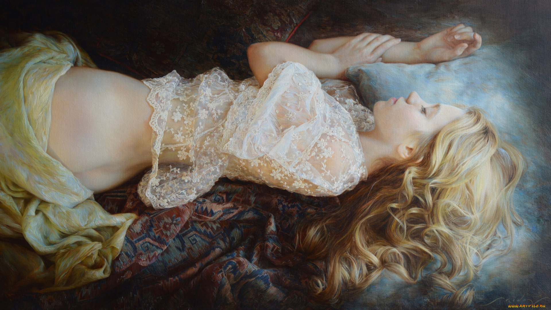 рисованное, люди, девушка, кудри, блондинка, картина, отдых