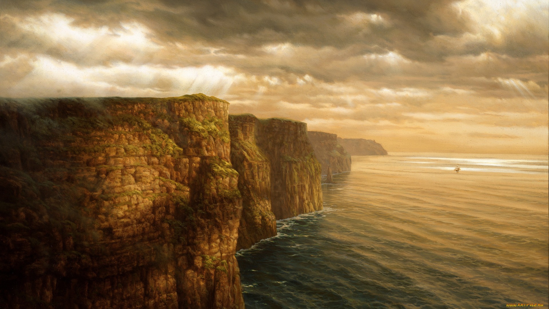 рисованное, живопись, скала, море, пейзаж, девушка, тучи