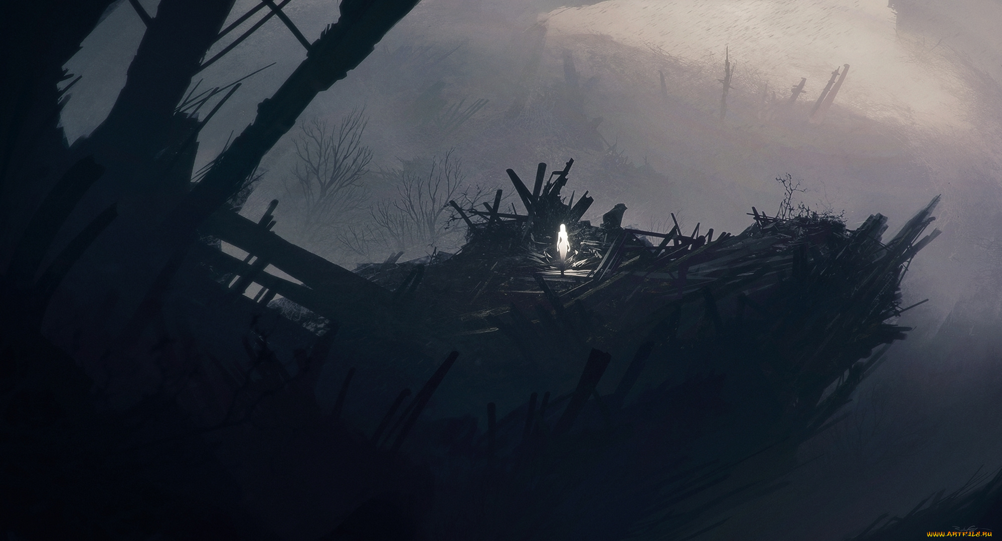 фэнтези, призраки, fantasy, рисунок, арт, art, debris, силуэт, silhouette, фигура, figure, ангел, angel, последний, last, девушка, girl, by, grivetart, постапокалипсис, post, apocalyptic, руины, ruin, развалины, обломки