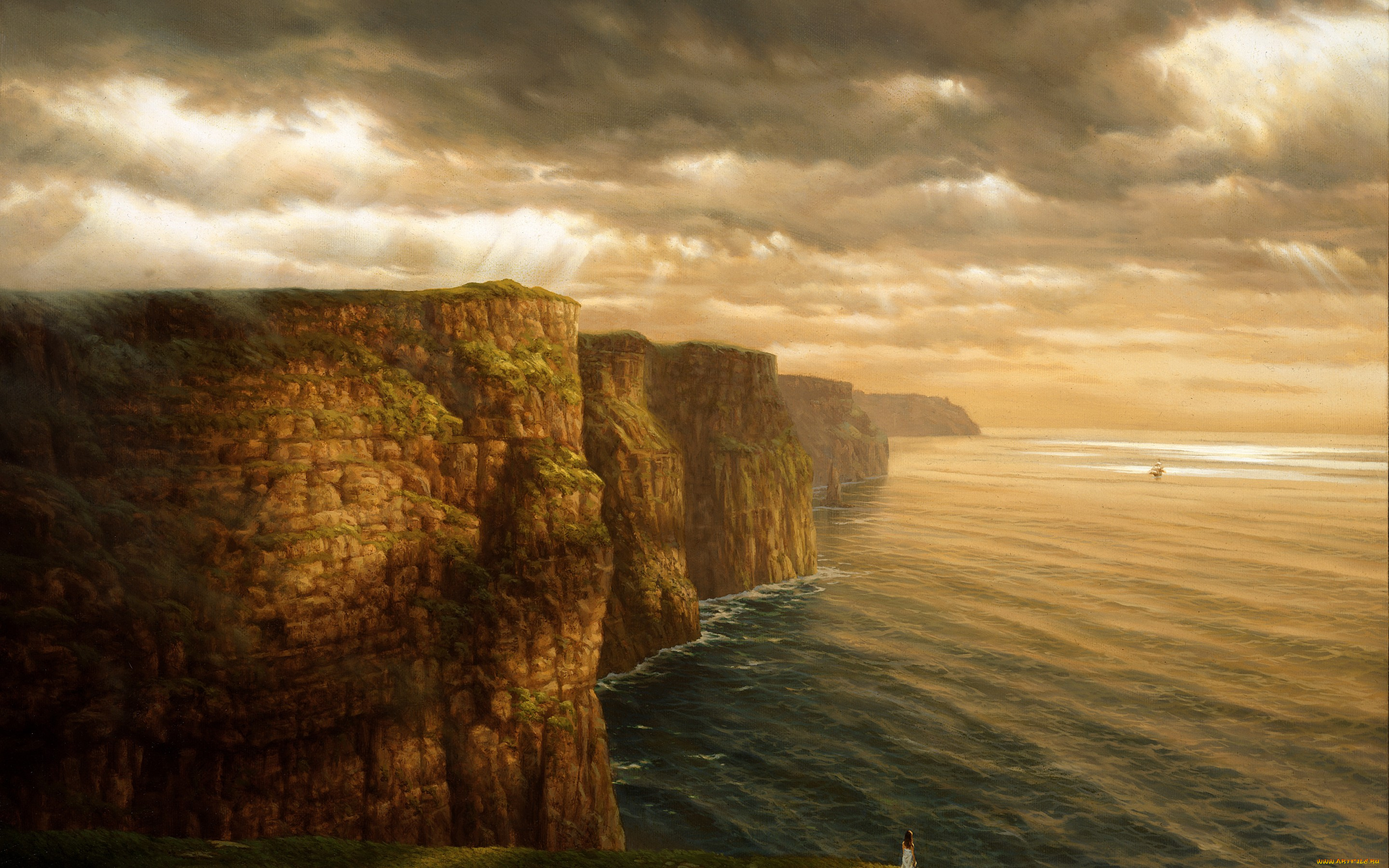 рисованное, живопись, скала, море, пейзаж, девушка, тучи