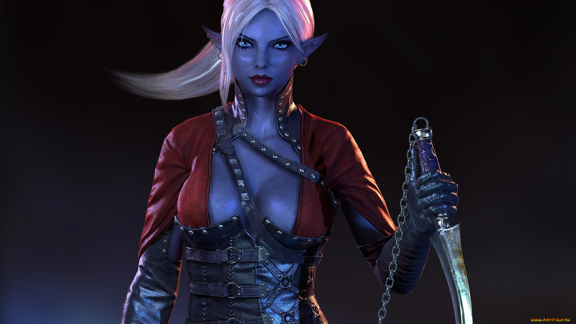 3д, графика, эльфы, , elves, оружие, взгляд, фон, корсет, грудь, эльфийка, цепь