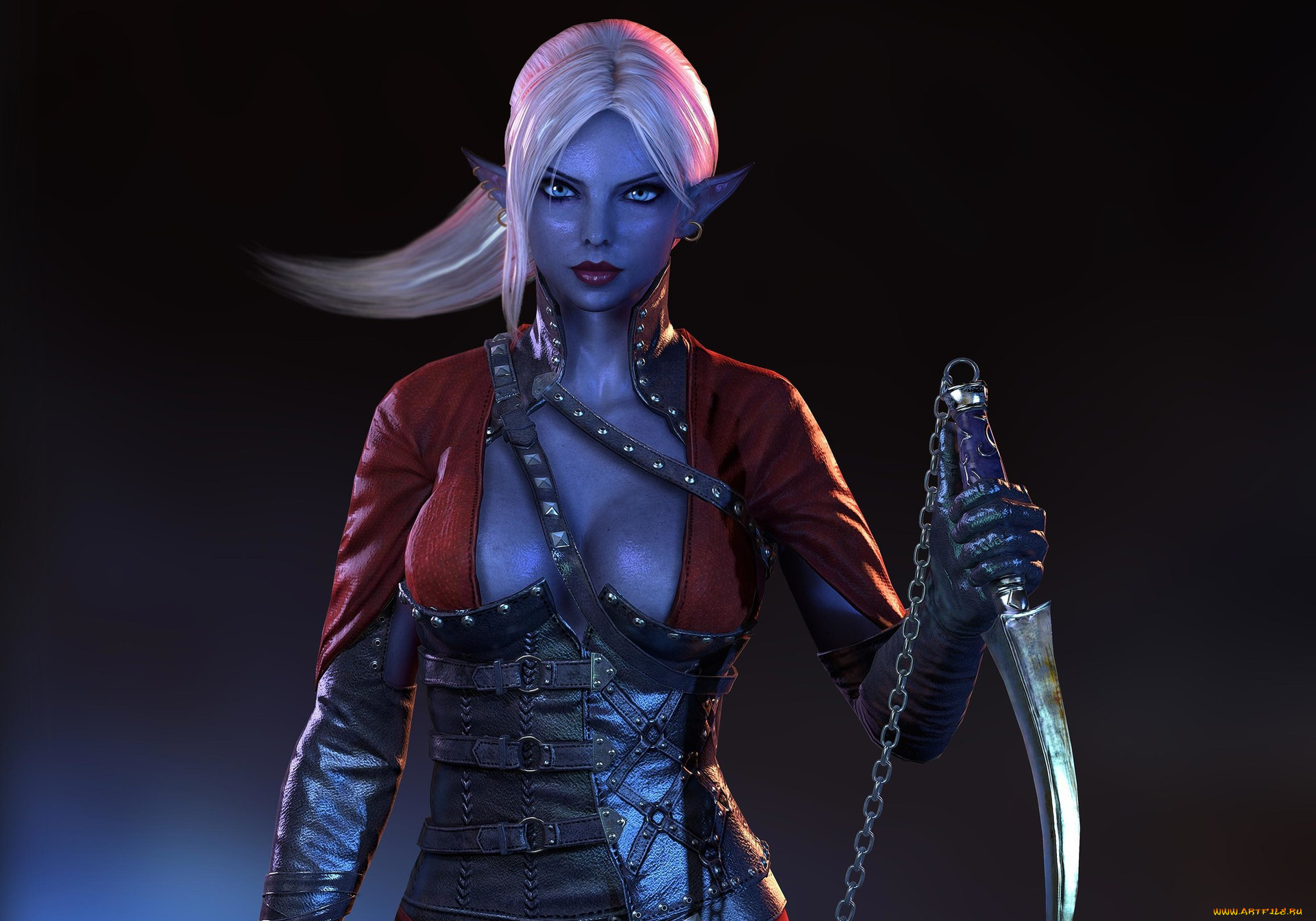 3д, графика, эльфы, , elves, оружие, взгляд, фон, корсет, грудь, эльфийка, цепь