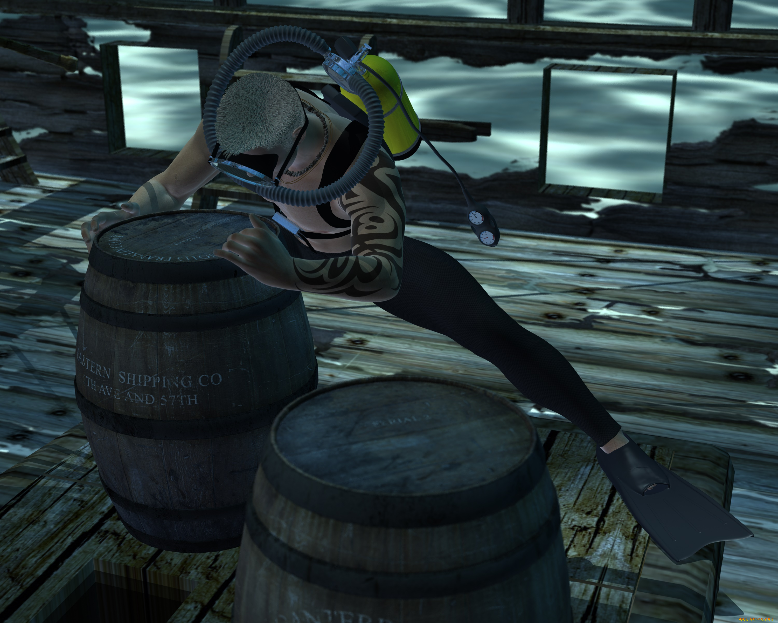 fatal, diving, 3д, графика, фантазия, , fantasy, мужчина, взгляд, фон