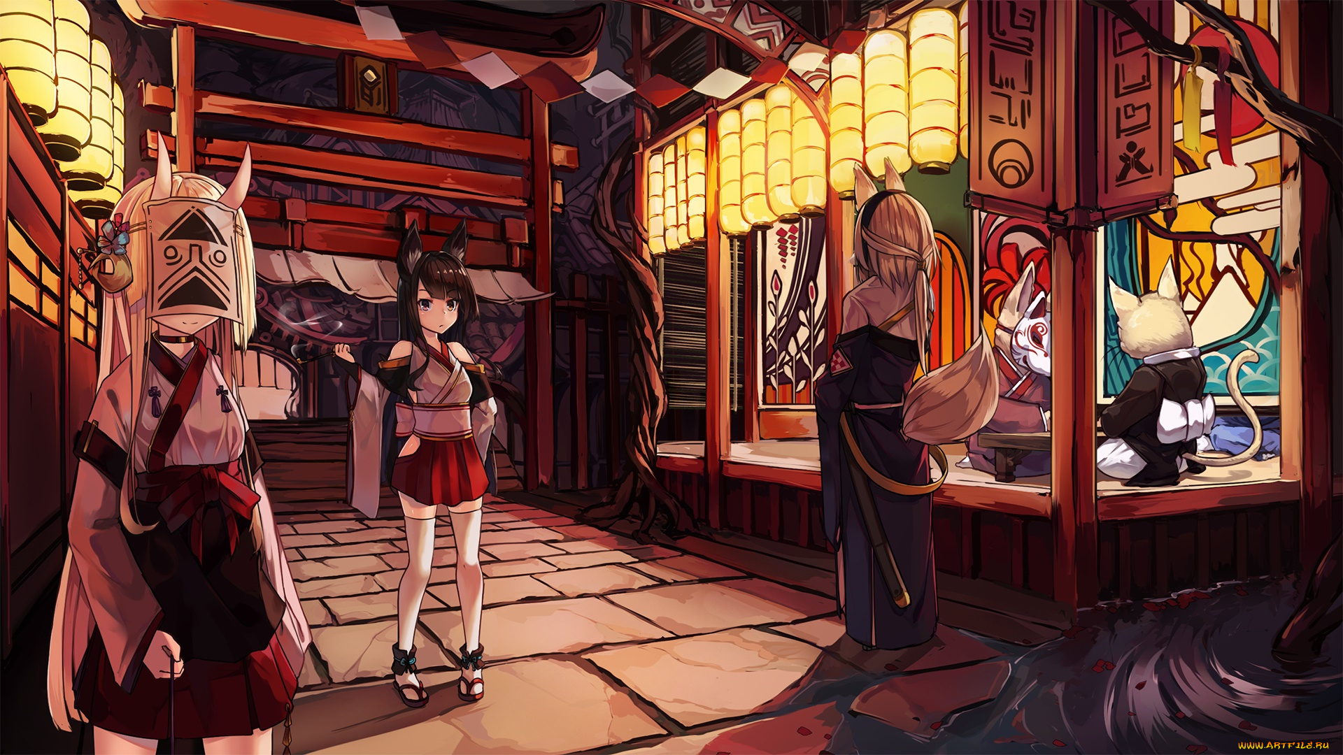 аниме, животные, , существа, взгляд, фон, девушка