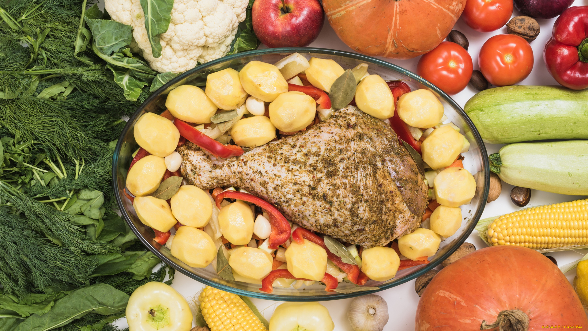 еда, мясные, блюда, ножка, овощи, зелень, индейки