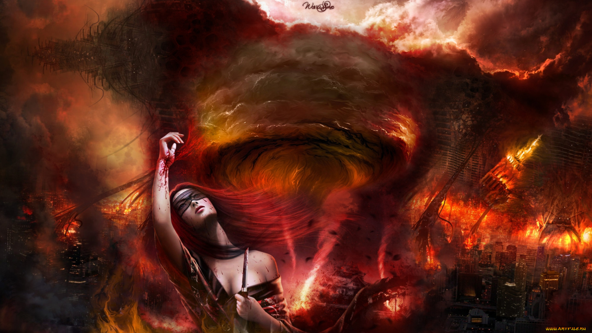 фэнтези, девушки, девушка, огонь, смерч, город, маска, кровь, нож