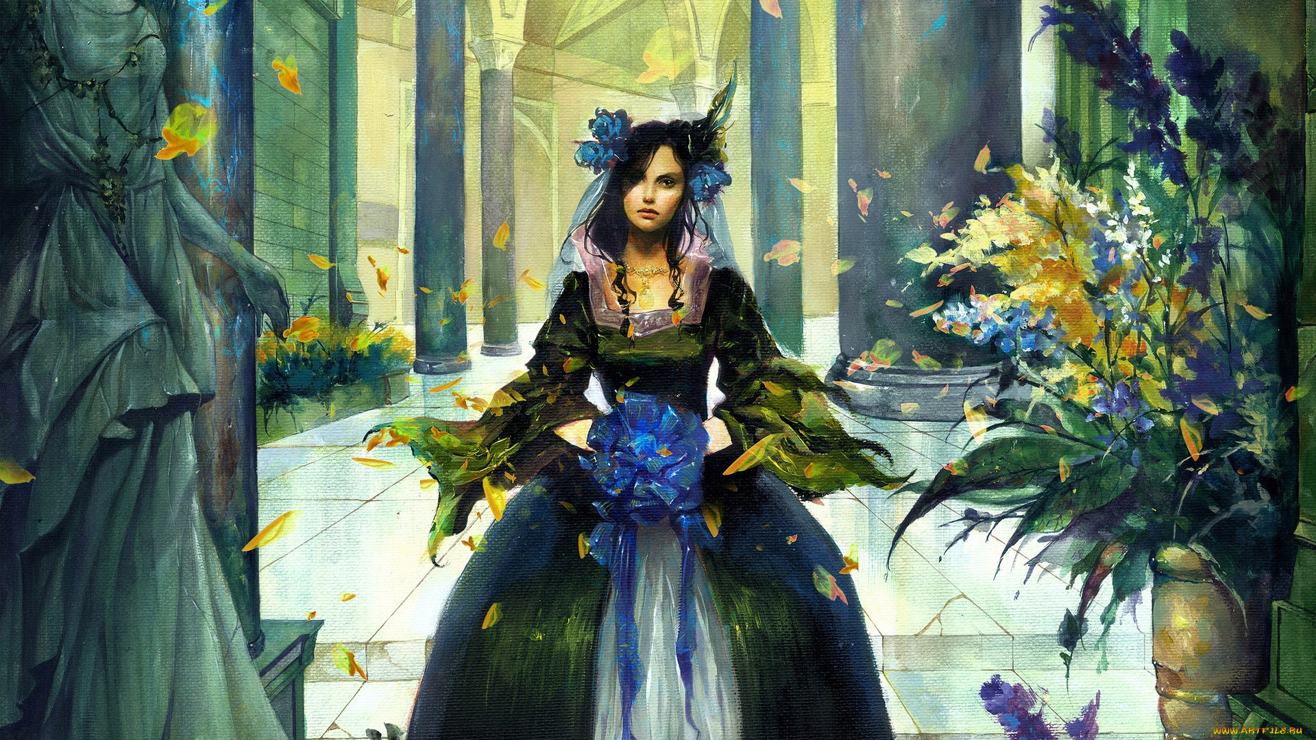 фэнтези, девушки, девушка, платье, цветы, дворец, статуя, колонны