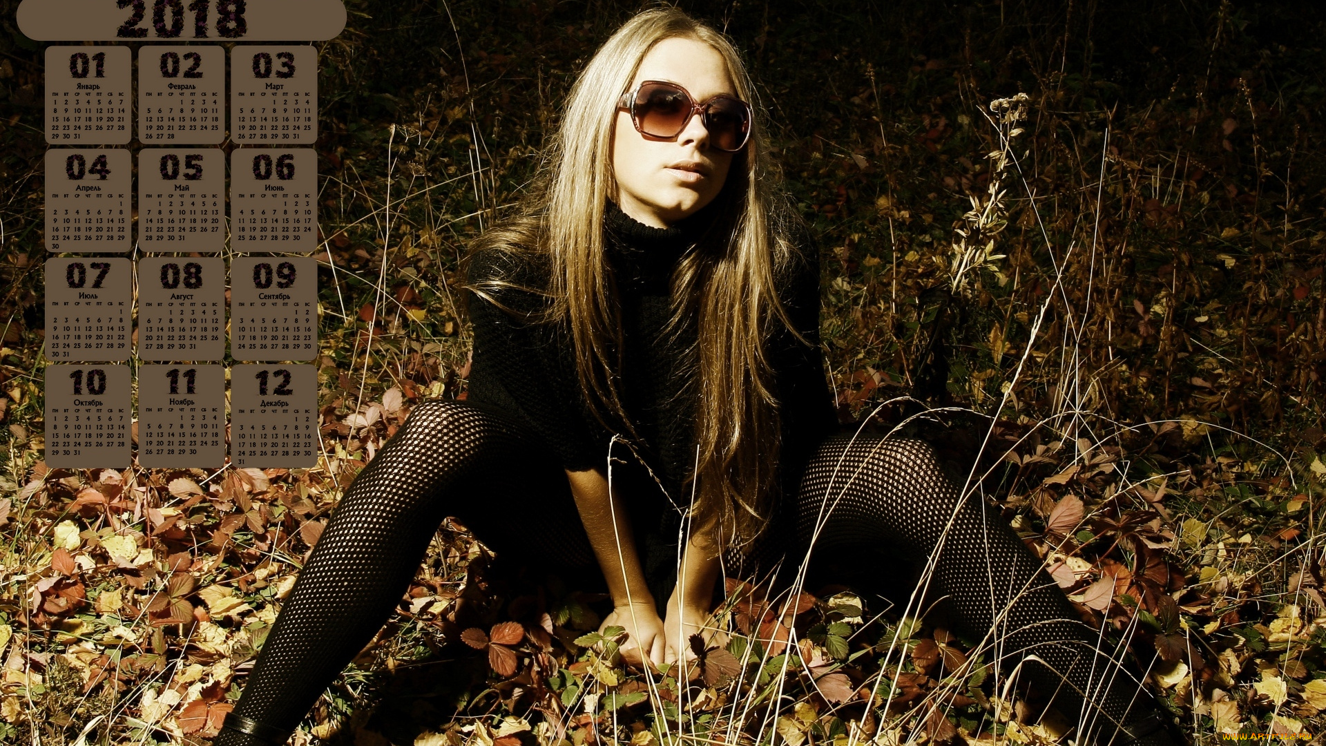 календари, девушки, листва, 2018, очки, ночь
