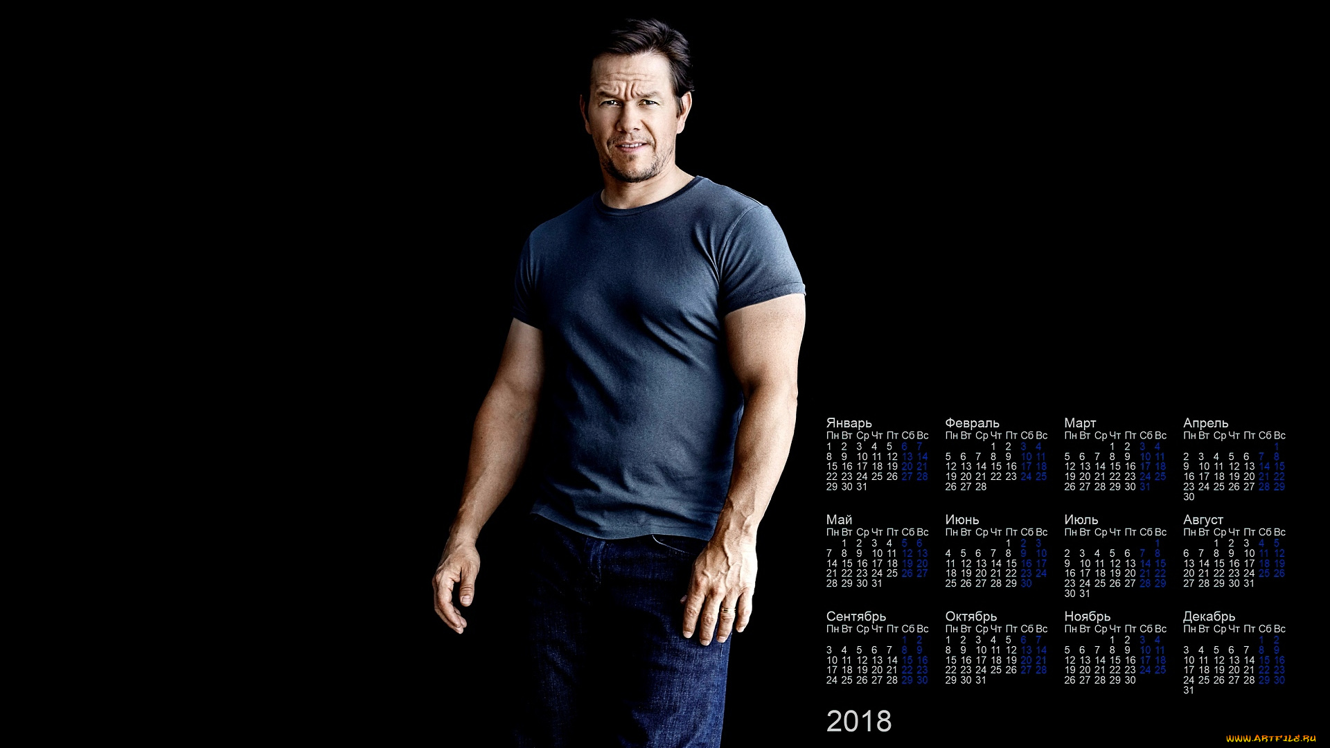 mark, uolberg, календари, знаменитости, мужчина, 2018, черный, фон, взгляд, актер