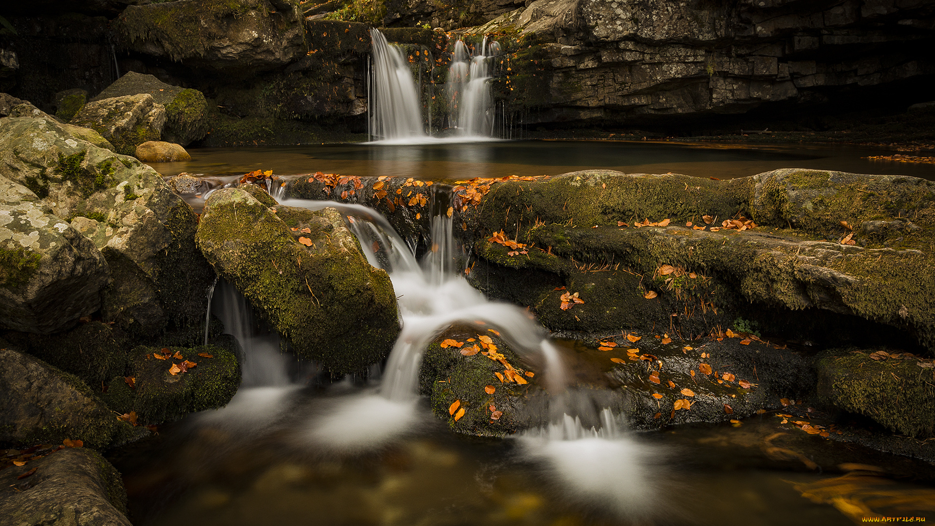природа, водопады, водопад, осень, листья, камни
