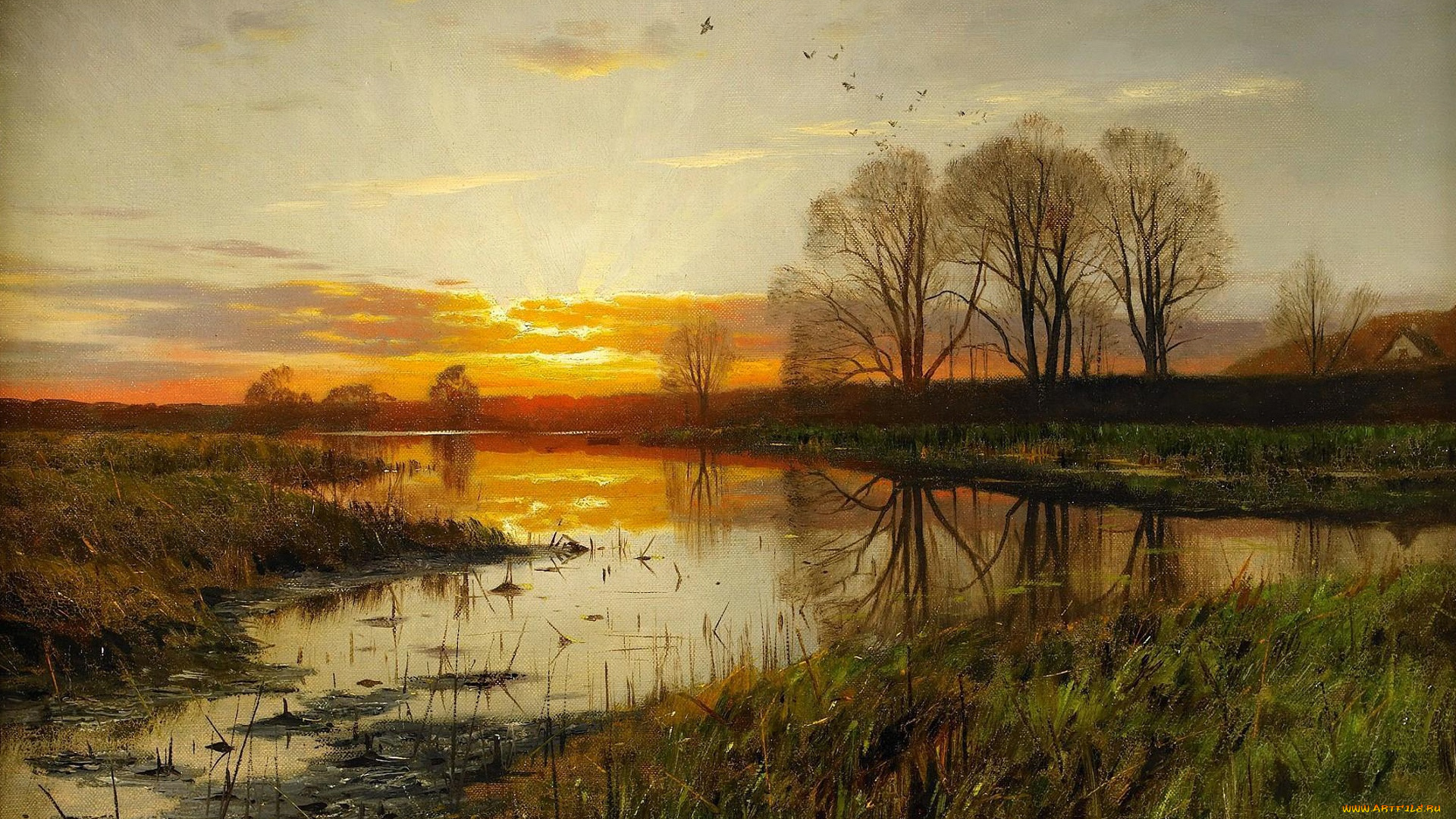 рисованное, природа, peder, mоrk, mоnsted, петер, мерк, менстед, картина, закат, над, водой, пейзаж