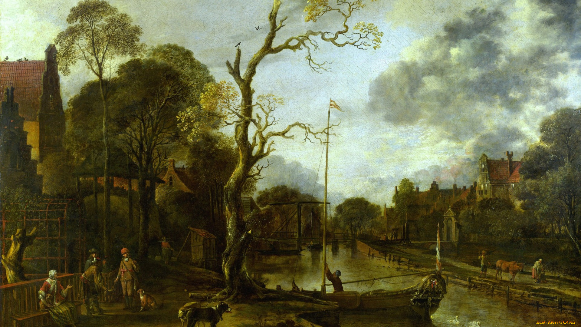 рисованное, живопись, дерево, вечерний, вид, на, реку, рядом, с, деревней, арт, ван, дер, нер, картина, aert, van, der, neer, пейзаж