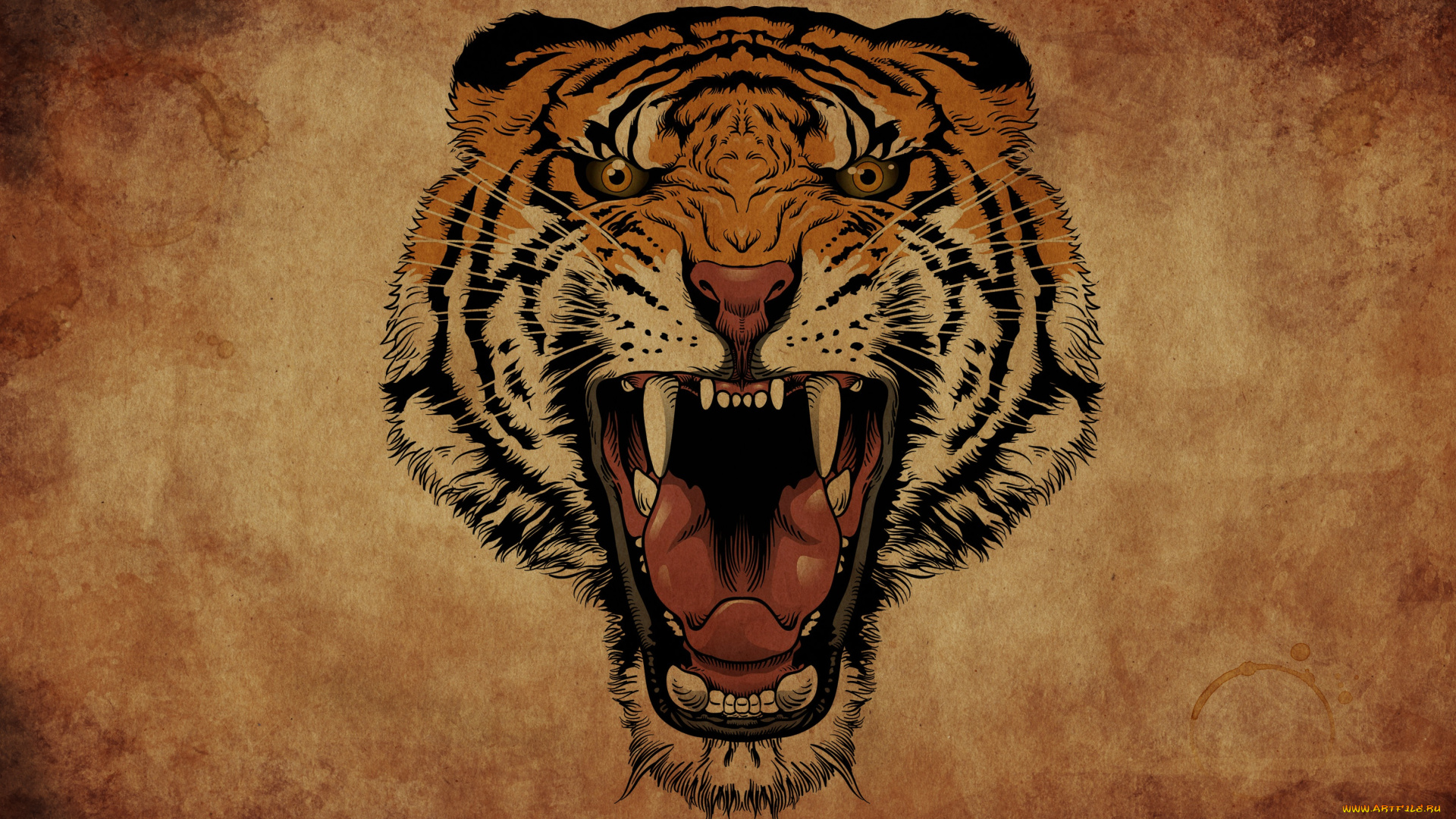 рисованное, животные, , тигры, пасть, тигр, рык, клыки, фон