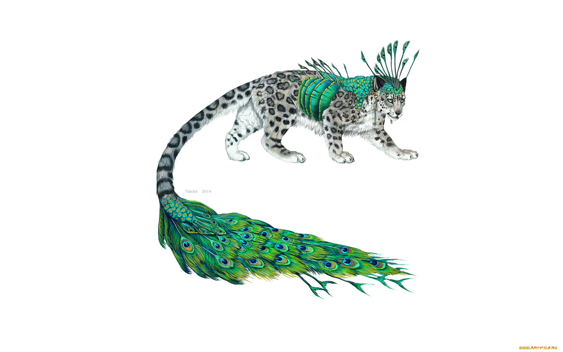 рисованное, животные, , сказочные, , мифические, зверь, хвост, перья, павлин, барс, гибрид