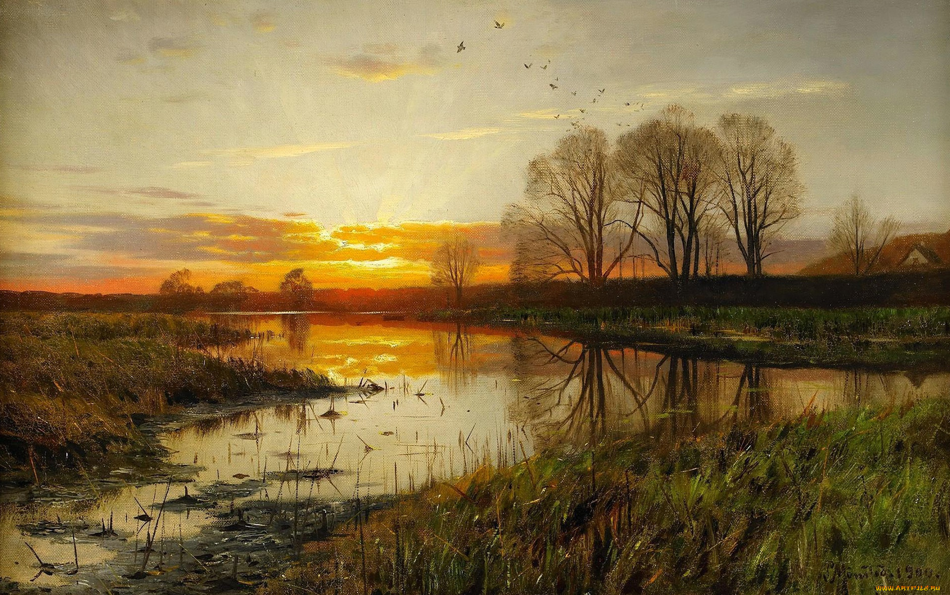 рисованное, природа, peder, mоrk, mоnsted, петер, мерк, менстед, картина, закат, над, водой, пейзаж