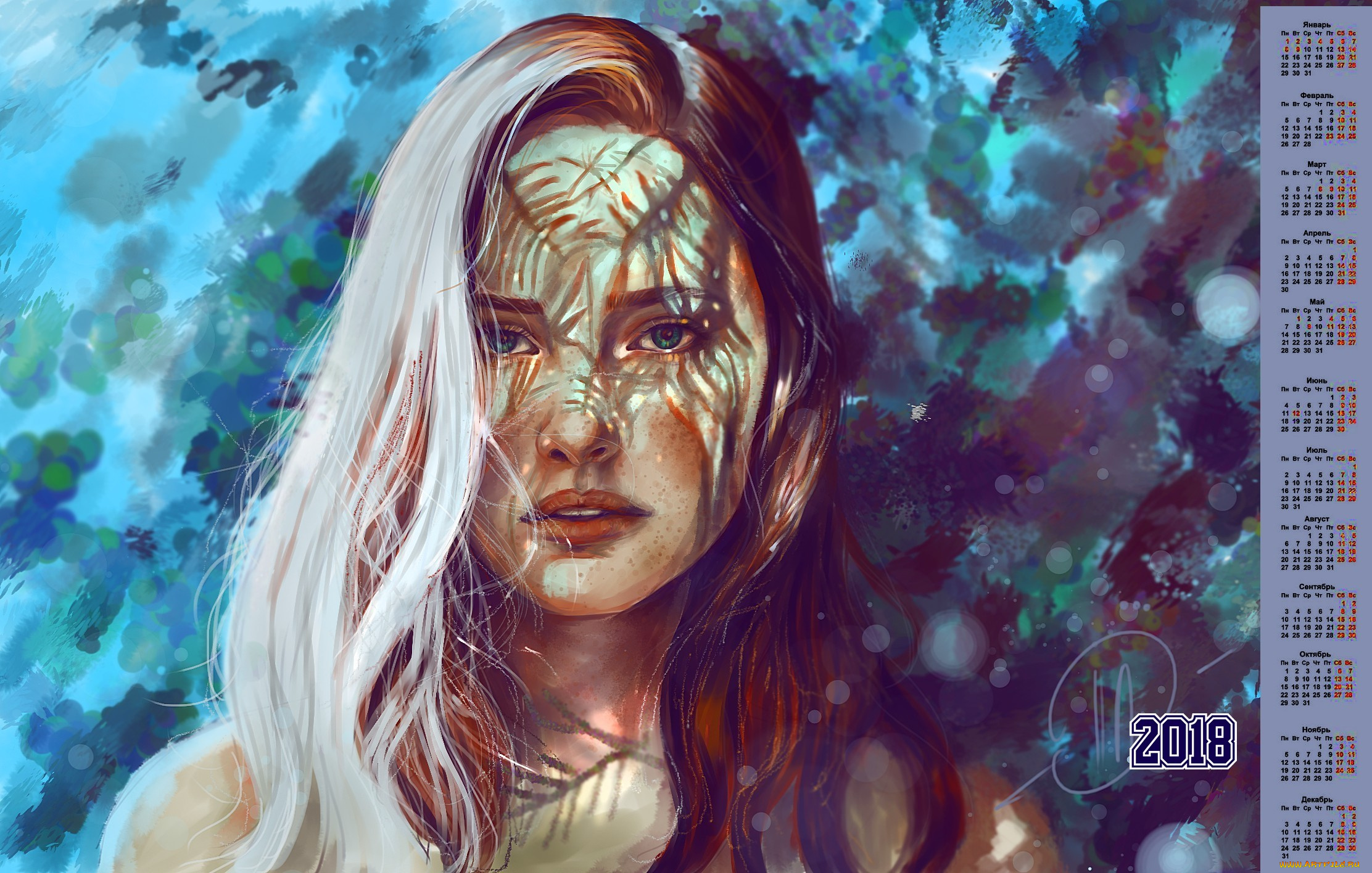 календари, рисованные, , векторная, графика, девушка, 2018, взгляд