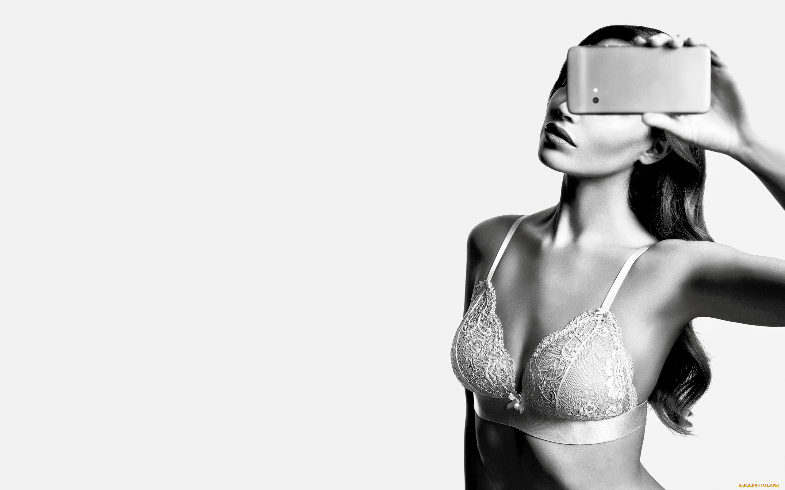 девушки, -unsort, , Черно-белые, обои, белье, бюстгальтер, модель, телефон