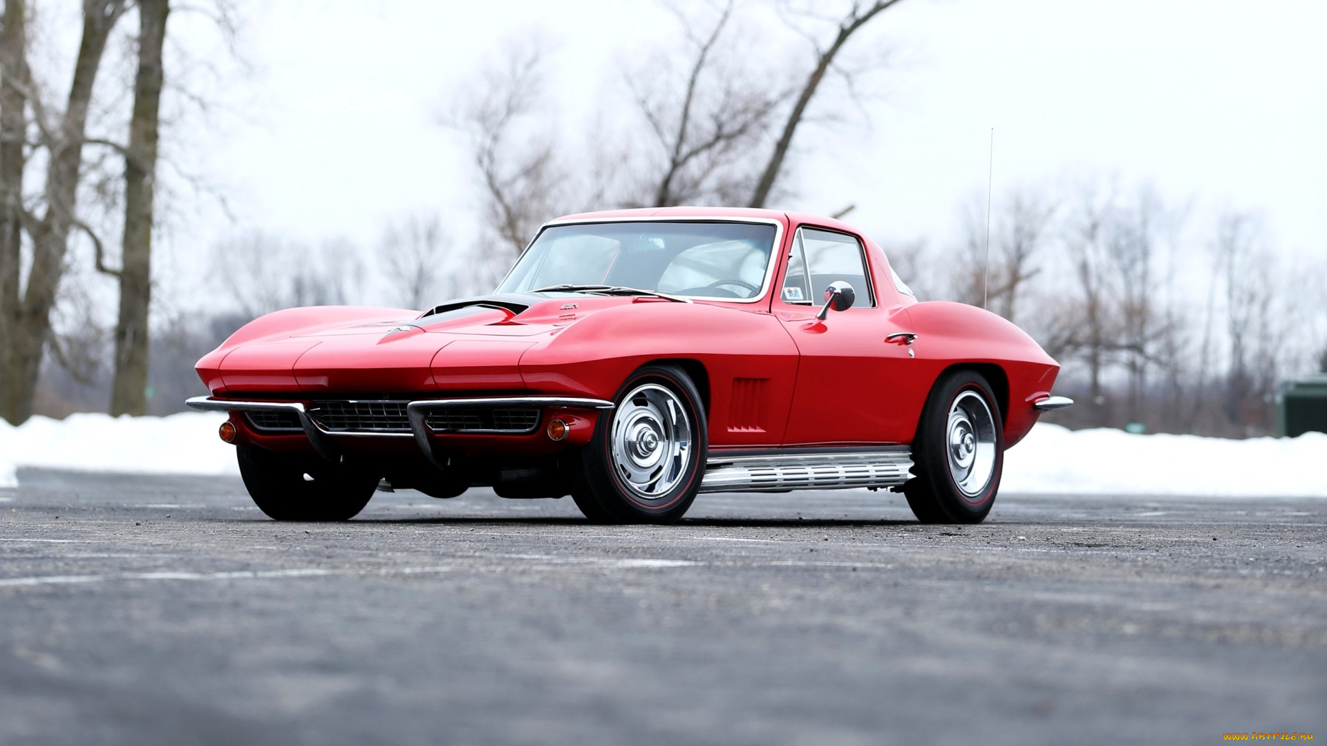 автомобили, corvette, шевроле, зима, снег, ретро, корвет, красный