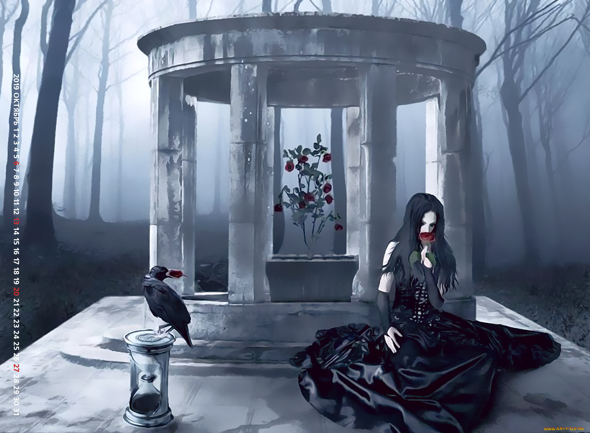 календари, фэнтези, calendar, колонна, беседка, птица, цветы, девушка, 2019