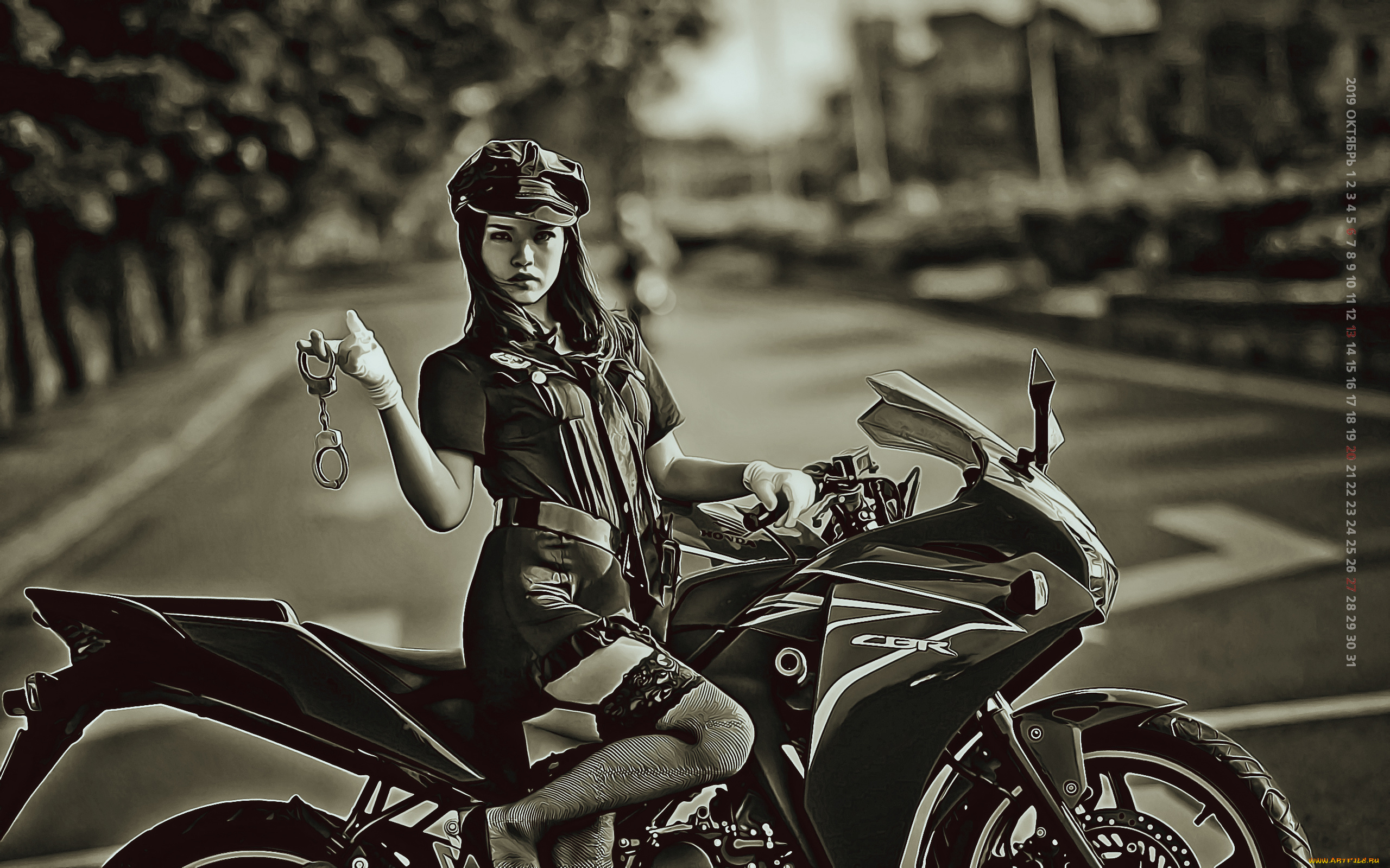календари, компьютерный, дизайн, 2019, calendar, полицейский, женщина, улица, азиатка, девушка, наручники, мотоцикл