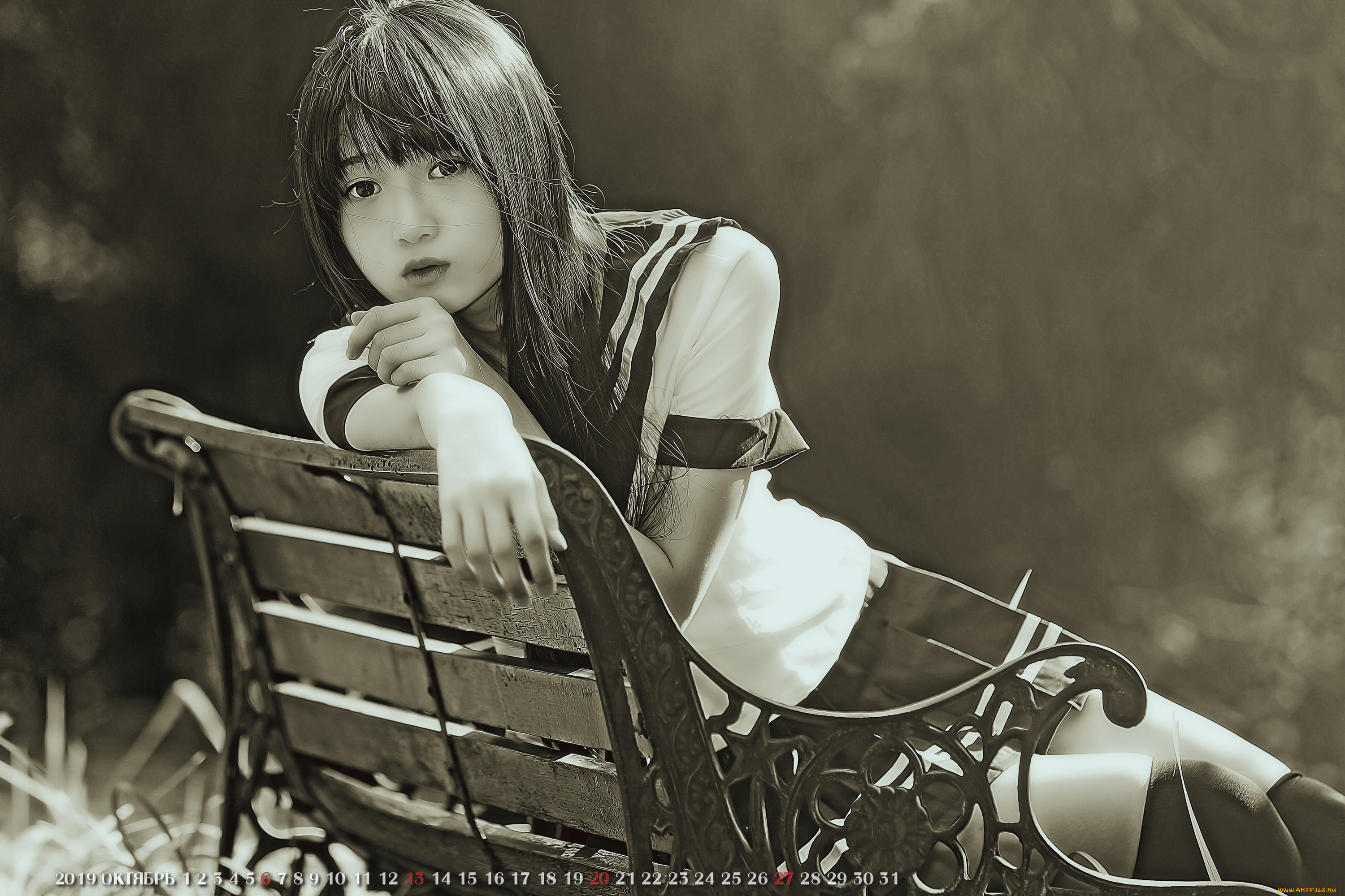 календари, компьютерный, дизайн, 2019, calendar, улица, девушка, скамейка, униформа, женщина, азиатка