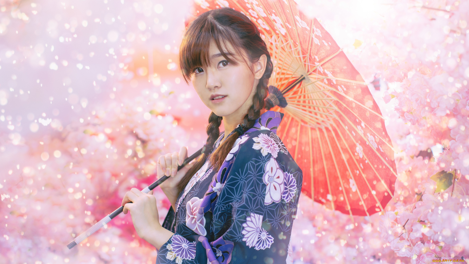 девушки, -, азиатки, зонт, девушка, азиатка