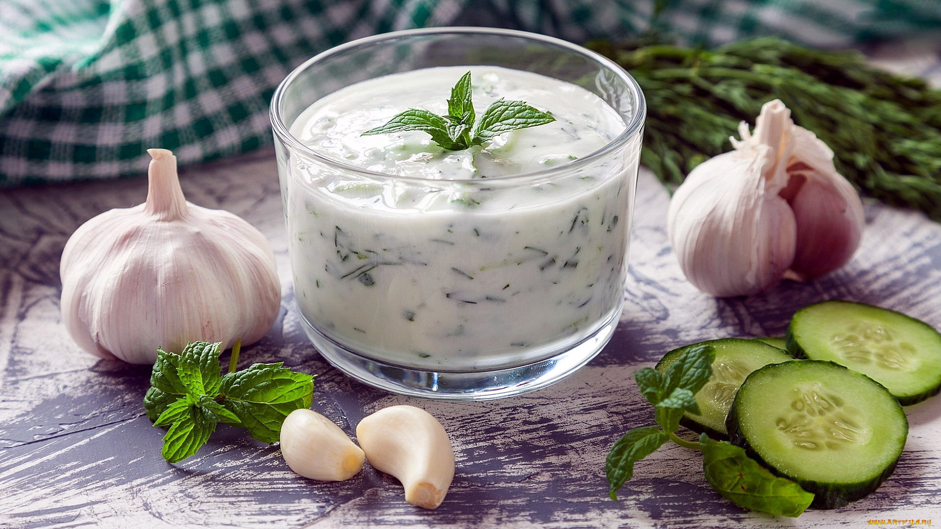 еда, разное, чеснок, мята, огурец, соус
