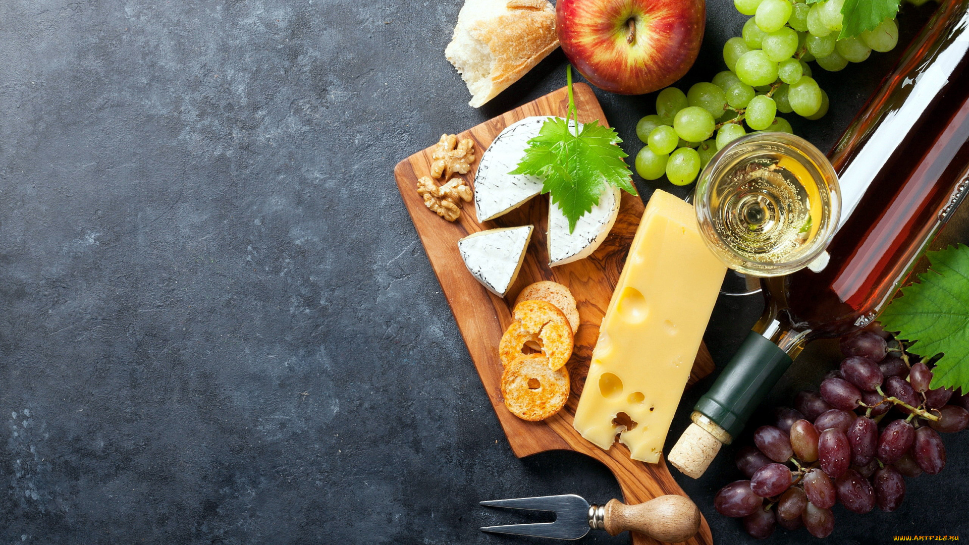 еда, разное, виноград, вино, хлеб, сыр