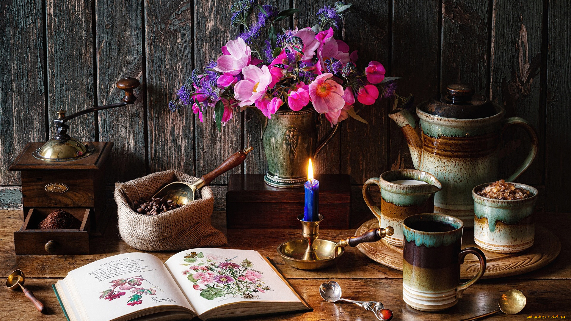 еда, натюрморт, букет, кофемолка, кофе, зерна, книга