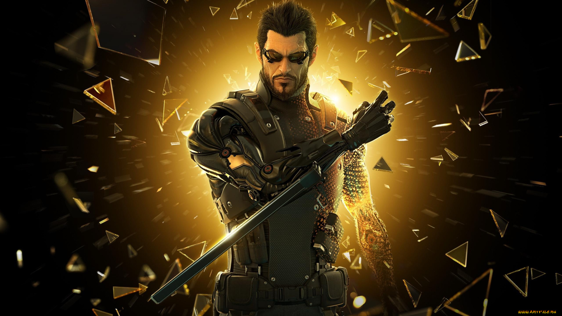 видео, игры, deus, ex, , human, revolution, мужчина, очки, оружие, осколки