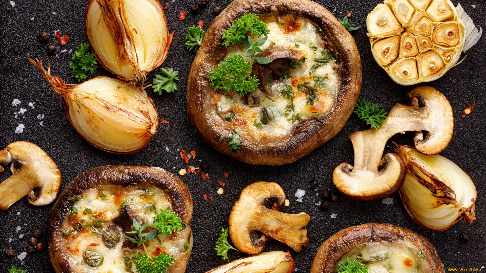 еда, грибы, , грибные, блюда, шампиньоны, лук, чеснок